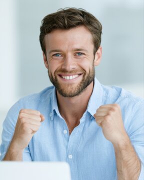 Young professional smiling after completing a challenging project, accomplishment concept