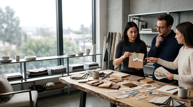 Interior designers choosing paint color samples in a modern studio office