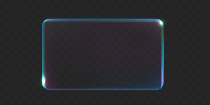 Transparent glass shape. Glowing neon blue rounded rectangle frame with holographic edge 