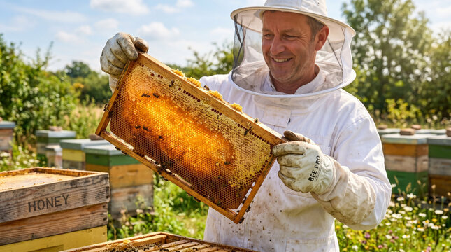 Happy beekeeper holding a frame of golden honey honeycomb in a sunlit apiary, organic farming and sustainable honey production concept