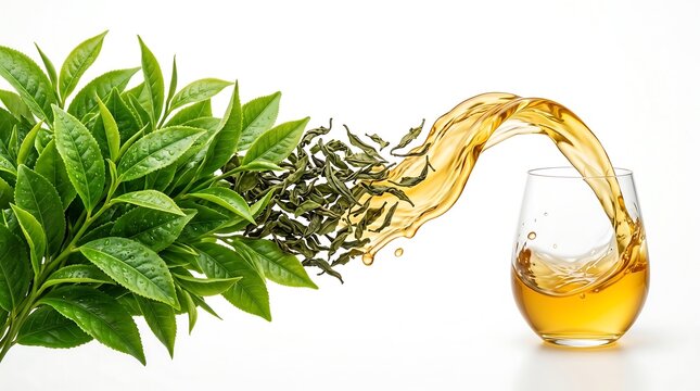 A vibrant visual representation of the tea-making process, from fresh green tea leaves to dried tea and a refreshing pour into a glass.