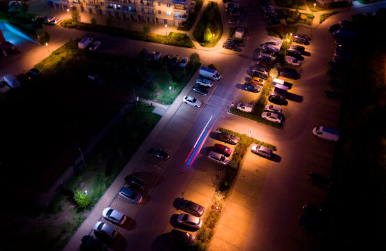 Night aerial view of residential parking area in Gorczyn district Gorzow Wielkopolski Poland