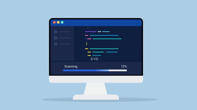 Animated flat vector illustration of a desktop monitor displaying source code, scanning status, and progress tracking. Modern software analysis and programming workflow concept.