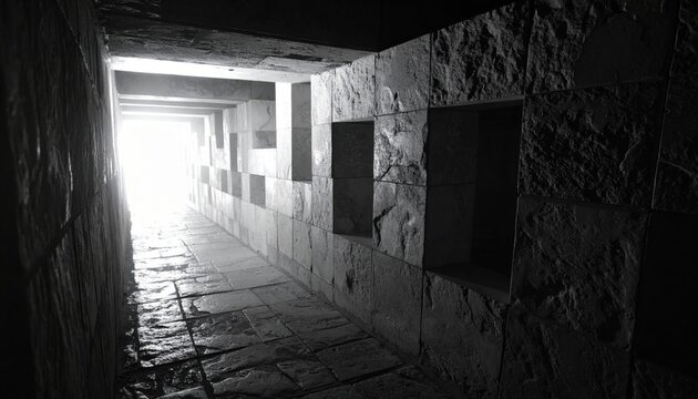 Long stone corridor with dramatic light and shadow, showcasing ancient architectural perspective and texture