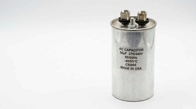 Shiny metal electrical capacitor with white label isolated against a clean and bright white background