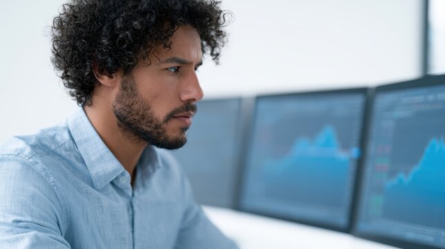 Financial analyst examining market performance data on multiple monitors in a sophisticated office environment, investment strategy concept
