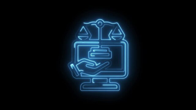 Digital justice scales balancing legal documents on computer screen with hand offering icon