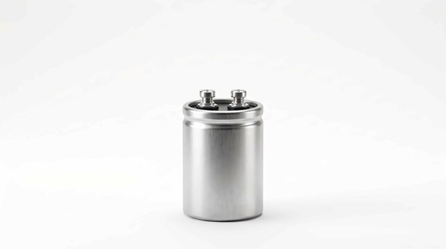 Shiny metallic cylindrical electrolytic capacitor with two screw terminals isolated on a clean white studio background