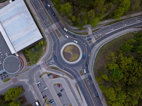 Top down aerial view of roundabout in Gorzow Wielkopolski Poland