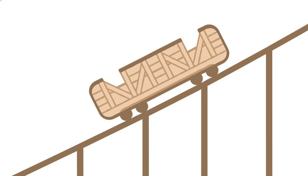 Wooden crate style rollercoaster cart moving along a track with a simple design against a clean white background for amusement park concepts.