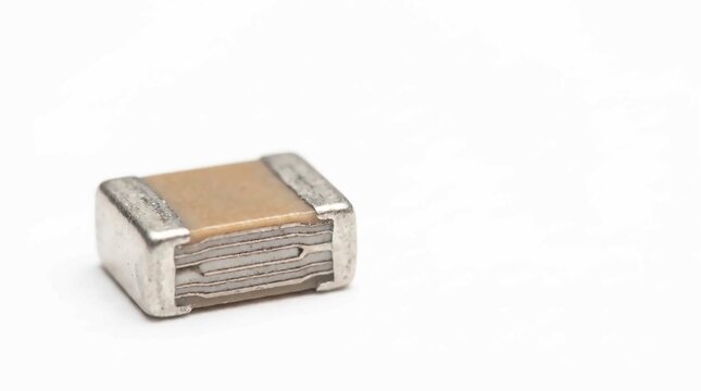 Small ceramic multilayer capacitor electronic component isolated on a clean white studio background for engineering use