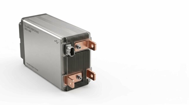 Industrial direct current capacitor unit with metallic casing and copper terminals on a white background