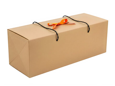 Long rectangular cardboard box tied with black string and decorated with orange ribbon