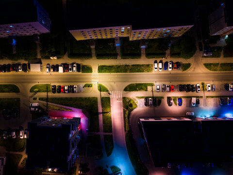 Night aerial view of illuminated intersection in G&oacute;rczyn district Gorz&oacute;w Wielkopolski Poland
