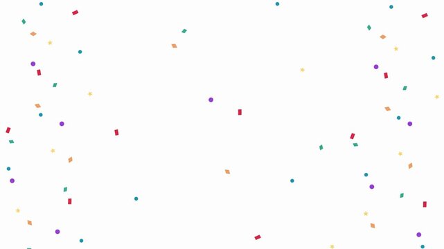 Colorful confetti falling on white background, festive party celebration animation, vibrant paper rain for birthday and holiday events
