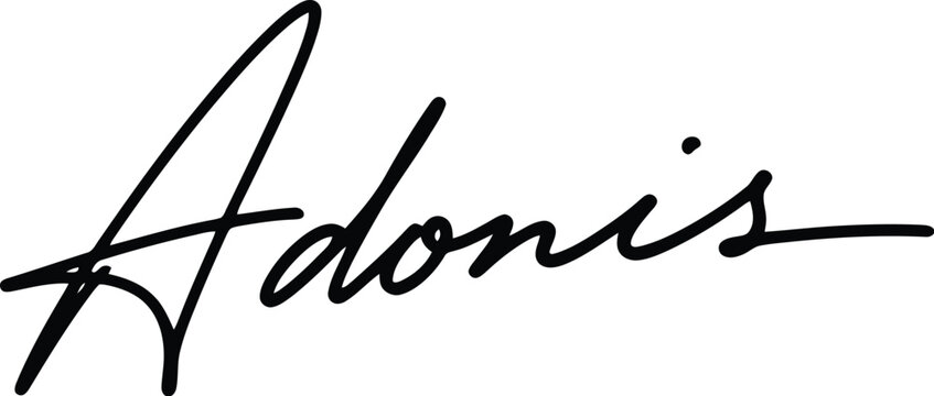 Adonis cursive signature presented against a clear white backdrop.