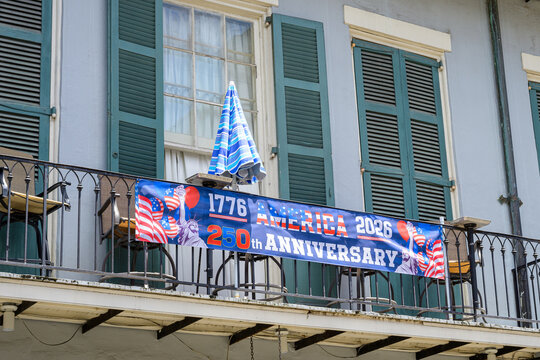 New Orleans, LA, USA - June 19, 2026: Banner on a French Quarter Balcony celebrating America's 250th  Anniversary