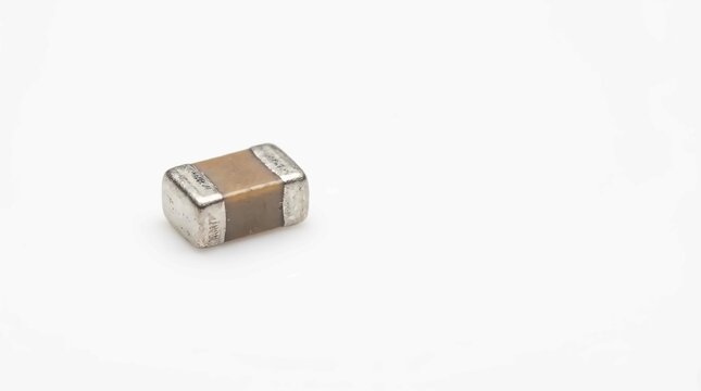Small surface mount ceramic capacitor component isolated on a clean white background for industrial electronics