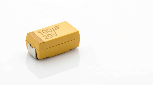 Small yellow tantalum capacitor with printed voltage and capacitance ratings sits on a white reflective surface