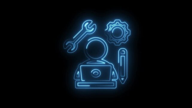 Glowing blue neon icon representing a person with a laptop wrench gear and pencil symbolizing