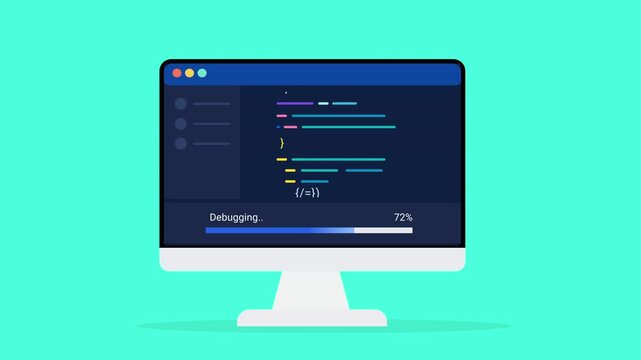 Animated flat vector illustration of a desktop monitor displaying source code, debugging status, and progress tracking. Modern software troubleshooting and programming workflow concept.