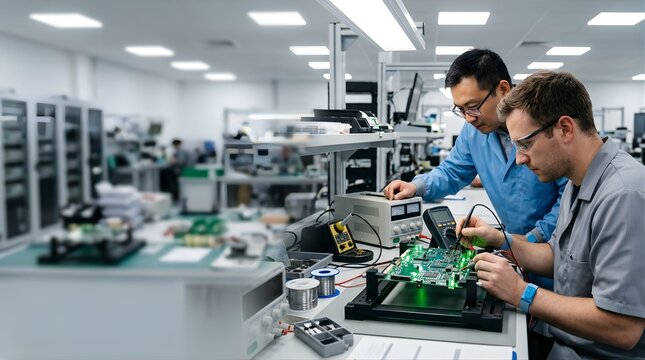 Two electronics engineers testing a circuit board in a research lab