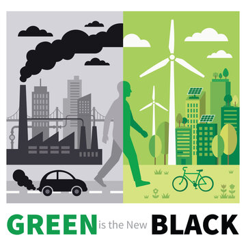 Green is the New Black: A stark visual contrast depicts the dichotomy between industrial pollution and sustainable eco-friendly living.