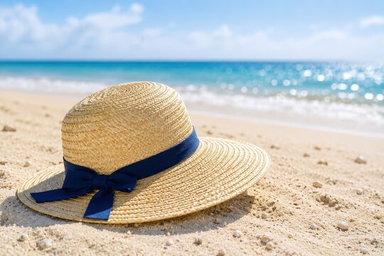 誰もいない夏の砂浜と麦わら帽子
