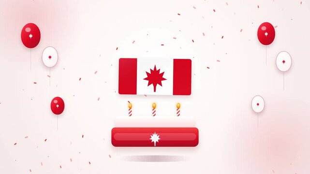 Canada Day Celebration with Canada's flag and Birthday Cake on White and Red Background for National Holiday Design