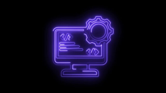 Neon glowing computer screen with code symbols and gear icon representing software development