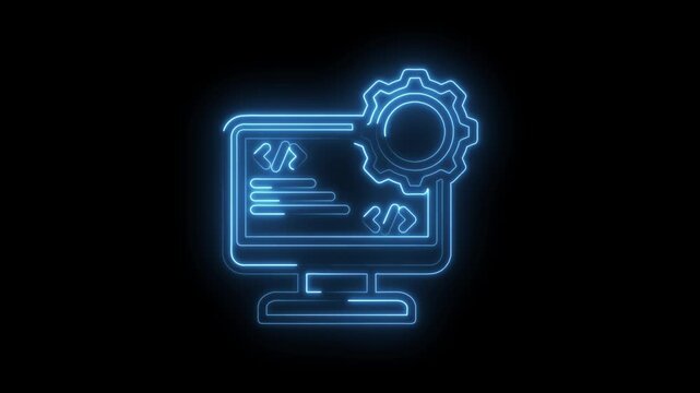 Neon blue glowing computer screen with code symbols and gear icon on black background abstract