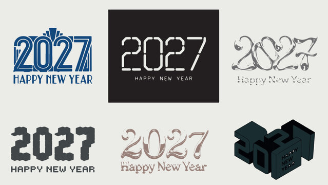 Diverse 2027 Happy New Year typography designs with creative artistic styles and festive layouts