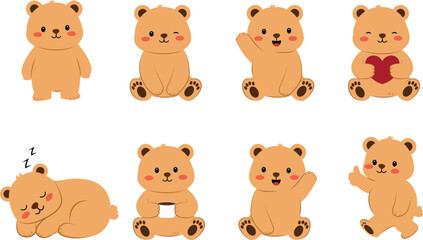 Fototapeta premium Adorable Collection of Cute Cartoon Bear Characters Posing and Expressing Various Emotions and Actions, Perfect for Children's Designs and Sweet Themes