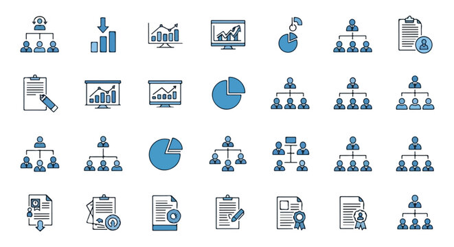 This image is a comprehensive collection of blue-themed business and management icons, featuring charts, organizational structures, and document symbols.