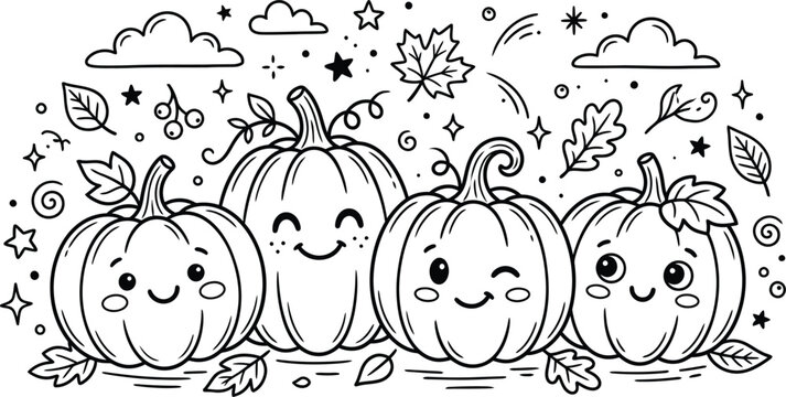 Cute happy pumpkins autumn doodle collection on white background with halloween