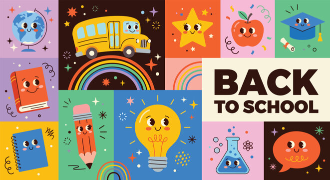 Back to School Joyful Icons: A vibrant collage of cartoonish school elements, including a smiling bus, globe, apple, lightbulb, and books, excitedly heralds the start of a new academic year.