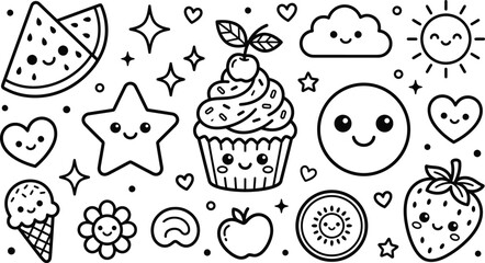Fototapeta premium Cute kawaii food doodle set with cupcake fruit stars and hearts, watermelon