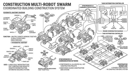 Obraz premium Construction multi-robot swarm coordinated building system diagram.