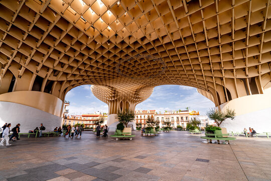 Plaza de la Encarnaci&oacute;n with people, Setas de Sevilla, Spain, everyday life on streets Andalusia.