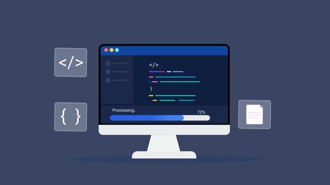 Animated flat vector illustration of a desktop monitor displaying software code with programming symbols and document elements. Modern coding, application development, and technology workflow concept.