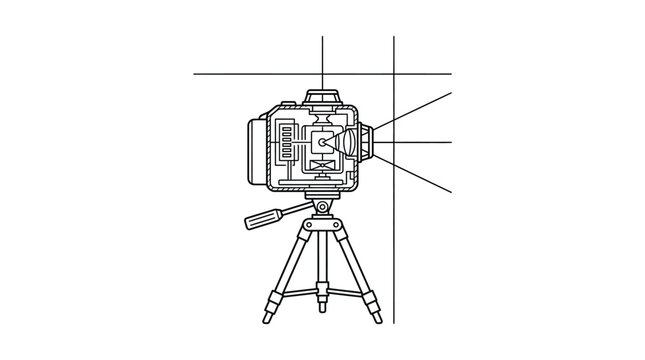 Digital laser level on tripod emitting light beams.