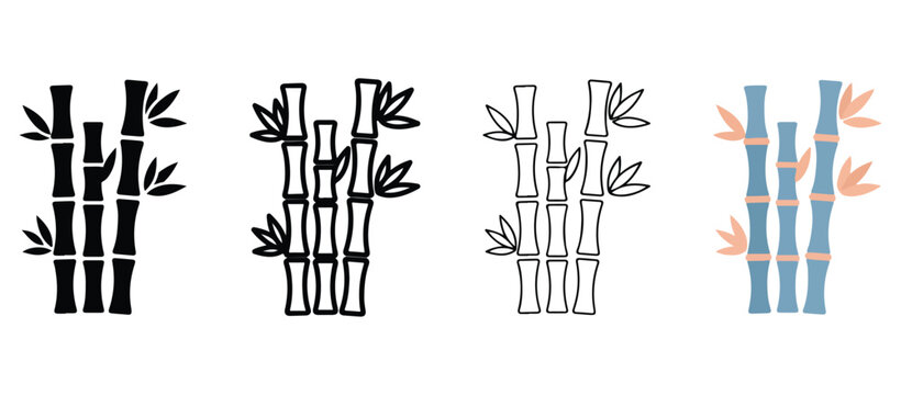 Bamboo stalks with leaves in different line styles and colors on white background  illustrations of various bamboo designs