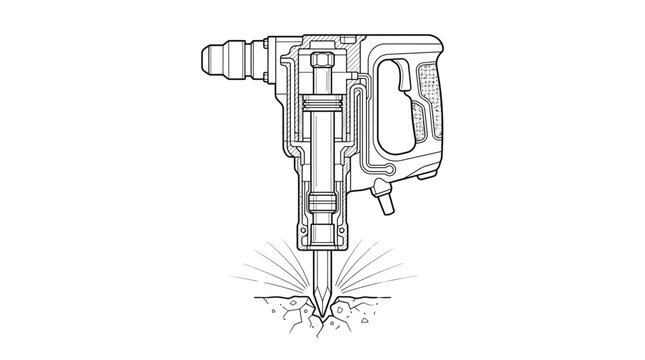 Handheld jackhammer breaking ground line art illustration.
