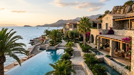 Fototapeta premium Luxury Mediterranean Resort with Infinity Pool and Ocean View at Sunset