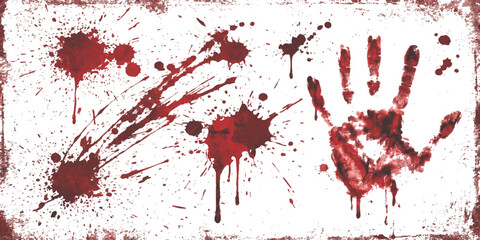 Red bloody hand print and ink splatter marks on a textured surface for horror and crime scene design projects © GraphixEra