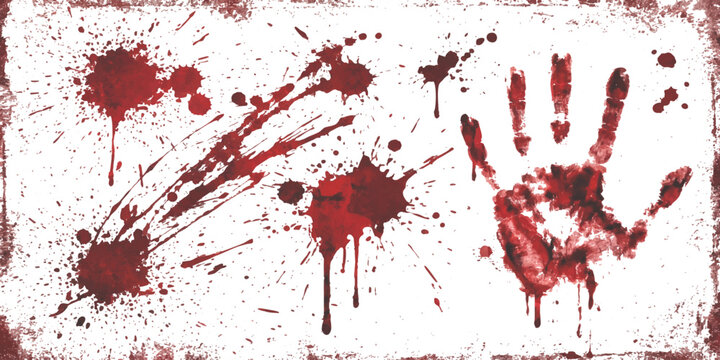 Red bloody hand print and ink splatter marks on a textured surface for horror and crime scene design projects