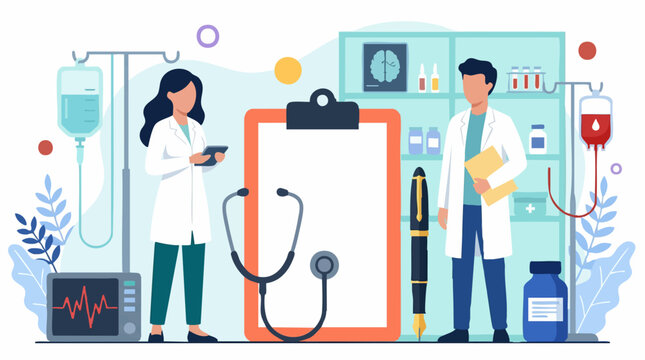 Healthcare professionals with medical equipment in hospital room illustration