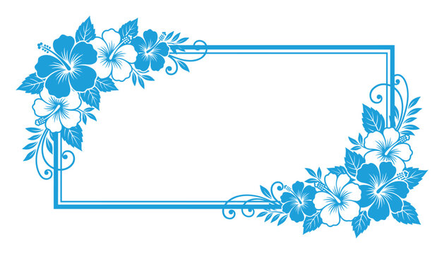 Blue tropical hibiscus flower frame border with ornate corner elements on grid background.