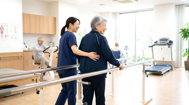リハビリ室の平行棒で歩行訓練をするシニア