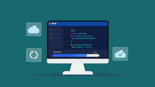 Animated flat vector illustration of a desktop monitor displaying software code with cloud synchronization icons. Modern cloud computing, coding, data transfer, and technology workflow concept.